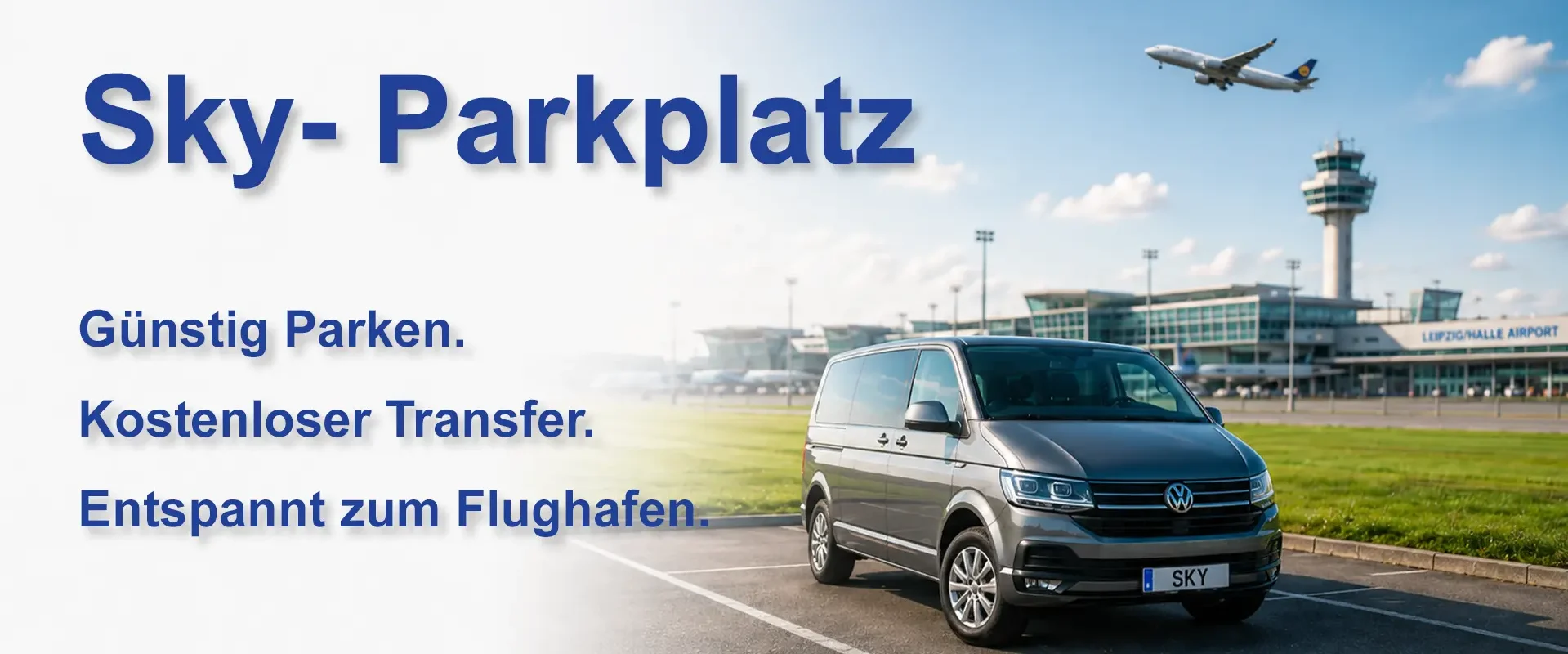 Sky Parkplatz am Flughafen Leipzig/Halle mit Shuttle-Service im grauen VW T6 – günstig parken, sicher abstellen und bequem zum Flughafen gefahren werden.
